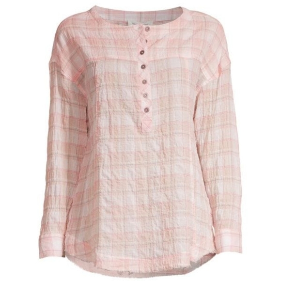 Beachlunchlounge Women's Mia Top Large Long Sleeve Pink Plaid Raw Hem - Picture 3 of 13